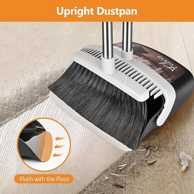 Broom and Dustpan Set, Heavy Duty Dust Pan with Long Handle 51 Inch Broom with Dustpan Combo Set Upright Self-Cleaning Dust Pan Home Kitchen Lobby Indoor Outdoor Sweeping Cleaning Tool - Gray - NeatNest