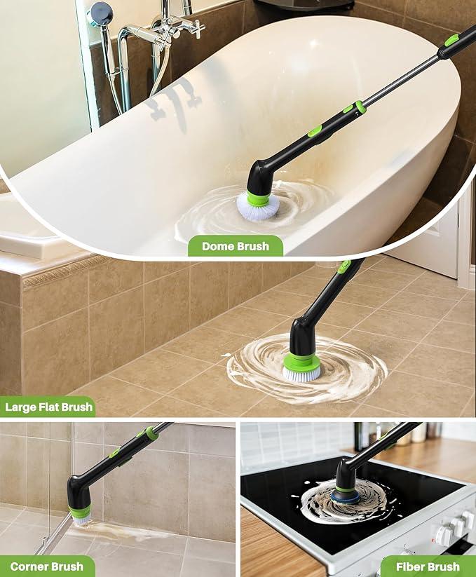 LyriFine Electric Spin Scrubber, 2024 New Full-Body IPX7 Waterproof Bathroom Cleaner Brush, Shower Scrubber with Long Handle & 2 Speed, Heads Replacement, Cleaning Supplies for Tub Shower Tile Floor - NeatNest