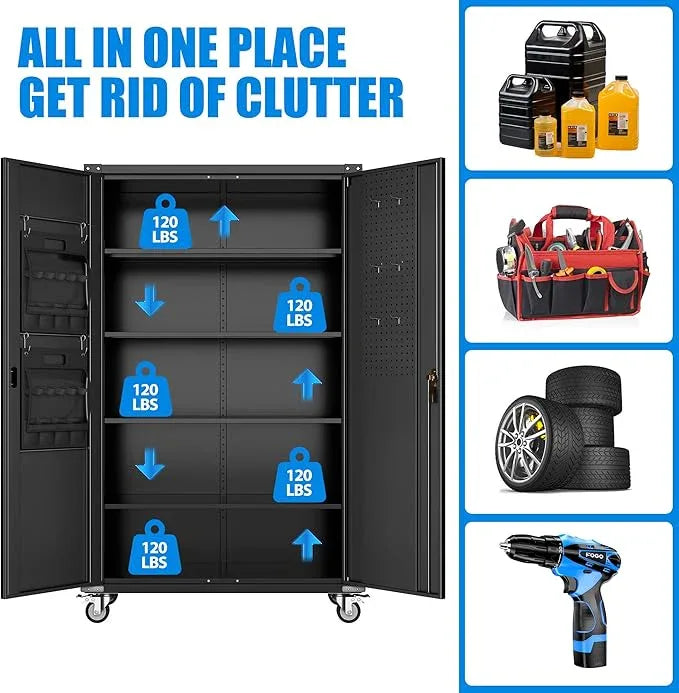 2025 Upgraded Wide & Deep Garage Storage Cabinet with Wheels, Lockable Metal Storage Cabinet with Pegboards and 9 Hooks, 2 Tool Pouches for Garage,4 Adjustable Shelves (Black,43''W x 22''D x 72''H) - NeatNest