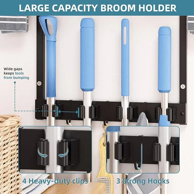 Broom Holder Wall Mount with Cleaning Supplies Organizer, Laundry Room Organization and Storage Shelves, Mop Hanger Broom Rack with Hooks, Home Improvement Kitchen Shelf Garage Organizer - NeatNest