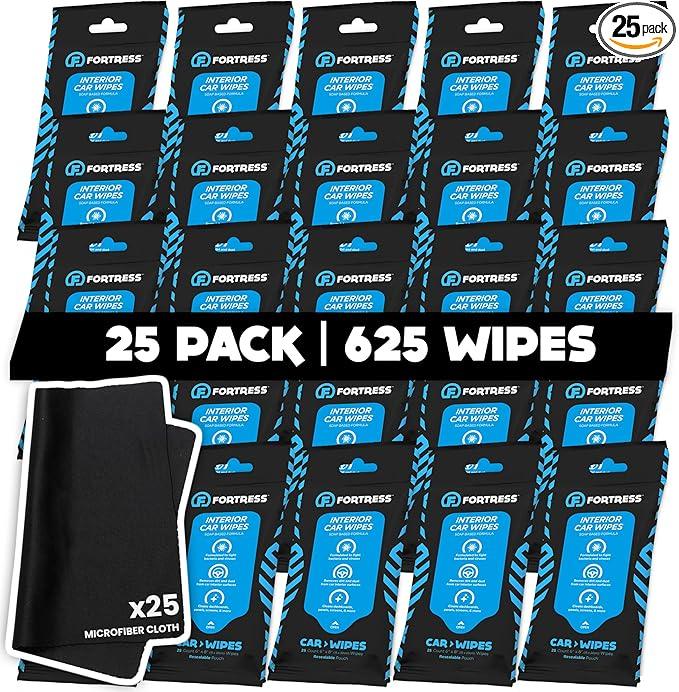 Fortress Car Interior Wipes with Microfiber Cloth (25 ct, Pack of 25) for Car Interior Cleaning, Dashboard, Seats, Detailing, and Steering Wheel [Travel Size] Skin-Safe Car Interior Cleaner Supplies - NeatNest