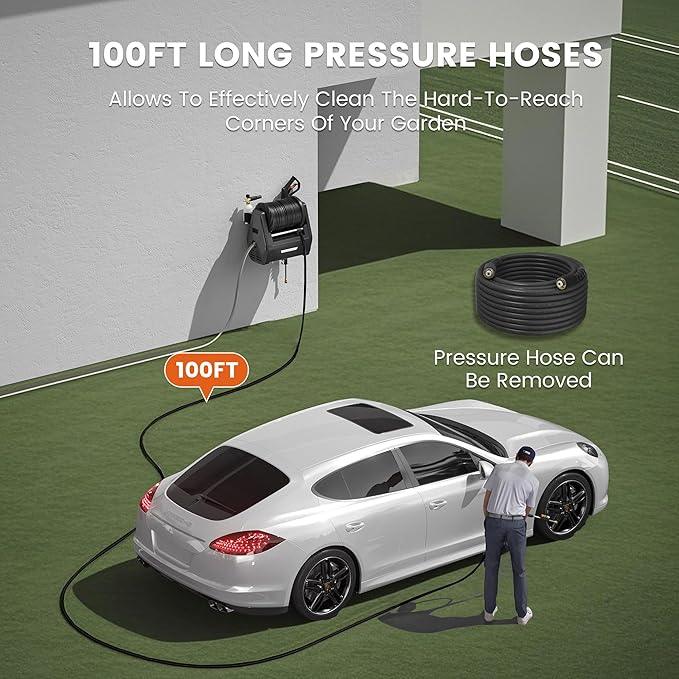 Giraffe Tools Grandfalls Pressure Washer G30B, Max 2900 PSI, 2.2 GPM, Electric Wall Mounted Pressure Washer with 100ft Black Pressure Hoses, Foam Cannon, 4-Nozzles for Car/Driveways, Dark Silver - NeatNest