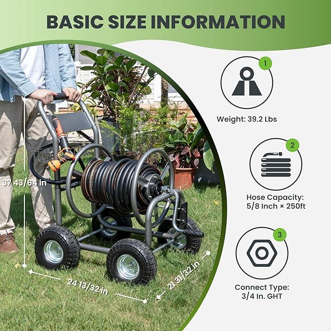 Giraffe Tools Heavy Duty Garden Hose Reel Cart with Wheels - Industrial Outdoor Hose Storage Reel, Pre-Installed Guide for 250-Feet of 5/8" Hose Capacity - NeatNest