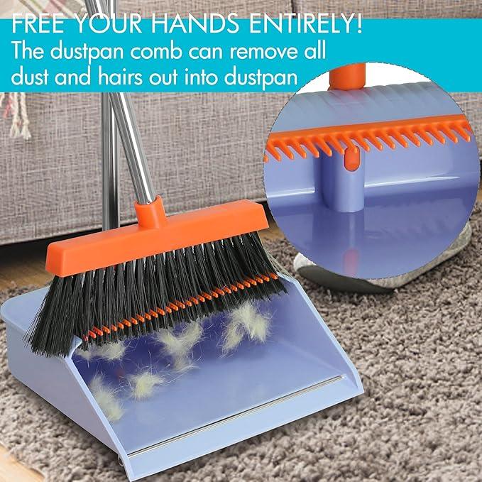 PHYEX 2-Pack Broom and Dustpan Set for Sweeping Indoor, Broom Dustpan with 48" Long Handle, Broom with Dustpan Combo Set(Purple) - NeatNest