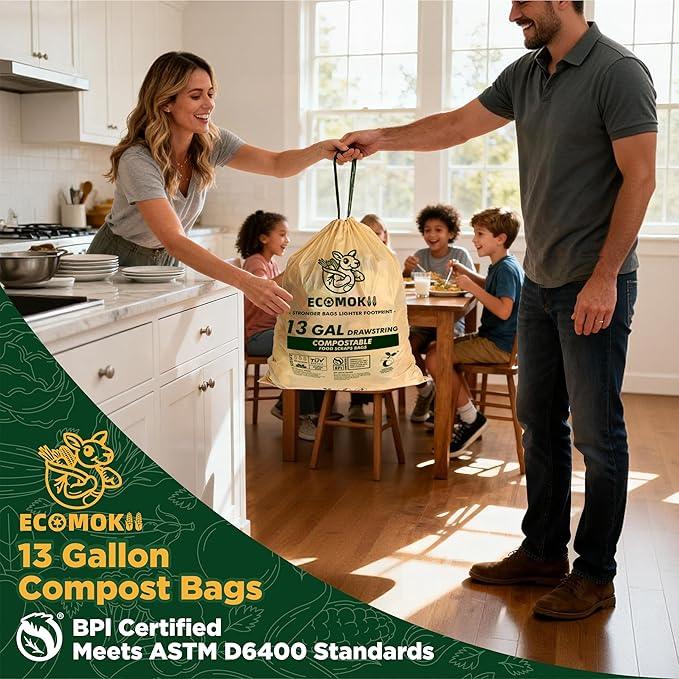 EcoMokii 13 Gallon Compostable Trash Bags with Drawstring, 30 Count, 49.2 Liter, 1.2 Mil Heavy Duty Extra Thick Large Kitchen Garbage Bin Liners, Compost Food Scraps Bag, BPI (ASTM D6400) - NeatNest