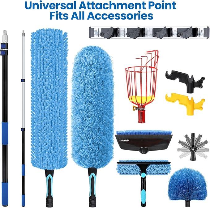 25ft High Ceiling Duster Kits with 5-18ft Heavy Duty Extension Pole - Fan Blade Cleaner, Cobweb Remover & Blue Window Squeegee Kit, Washable Dust Brush for High Roof and Glass Surfaces - NeatNest