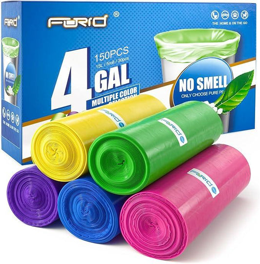 FORID Small Trash Bags 4 Gallon for Bathroom - Extra Thick Colored Garbage Bags Unscented,Strong Plastic Wastebasket Can Liners for Home Bedroom Office and Car,150 Bags Multi Colored - NeatNest