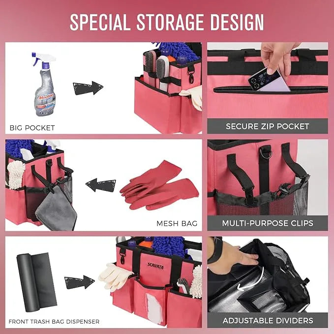 Wearable Cleaning Caddy Bag, Cleaning Caddy Supplies Organizer with Handle & Shoulder Straps for Housekeepers, Under Sink & Car Cleaning Tool Organizers with 4 Foldable Divider (RoseRed) - NeatNest