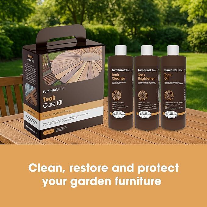 Furniture Clinic Teak Care Kit | For Teak Outdoor Wood Patio Furniture | Clean, Brighten, Nourish, and Protect Treated and Untreated Wood | Contains Cleaner, Brightener, & Oil - NeatNest