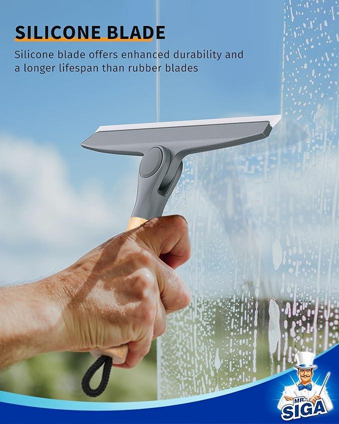 MR.SIGA All Purpose Silicone Squeegee for Shower Door, Mirror, Glass, Streak Free Shower Squeegee, Pivoting Bamboo Handle, Includes 1 Suction Hook, 10 inch Wide, Gray, 1 Pack - NeatNest