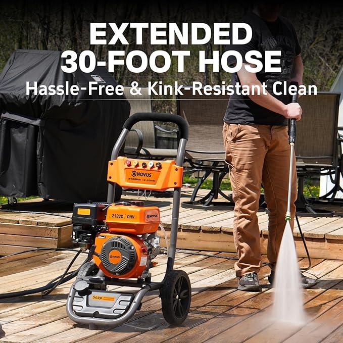 NOVUS Gas Pressure Washer 3400 PSI, 2.6 GPM Power Washer with 30FT Extra-Long Hose, 5 Nozzles, Onboard Soap Tank, 212CC Engine, Spray Gun and Wand, for Vehicles Driveways Patios Fences Furniture - NeatNest