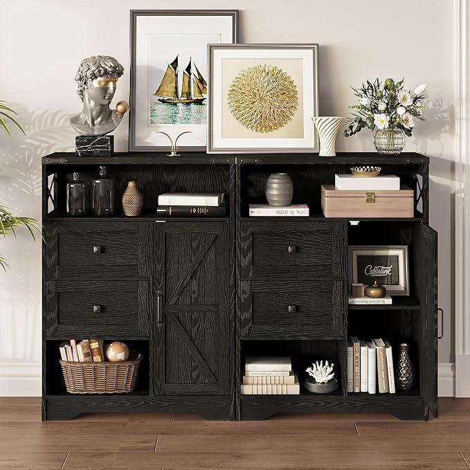 Fameill Farmhouse Storage Cabinet with 2 Drawers & Shelves,Freestanding Kitchen Cabinet with Doors,Floor Storage Organization for Living Room,Bathroom,Laundry,Black - NeatNest