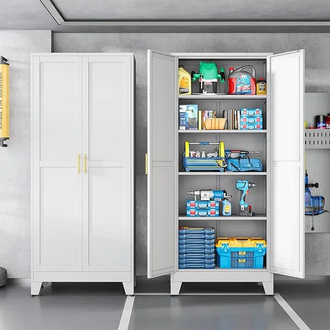 White Metal Storage Cabinet,75" Steel Cabinets for Home Office, Kitchen Pantry Storage Cabinet with Doors and 5 Adjustable Shelves, Tool Cabinets, for Office, Home, Garage, School - NeatNest