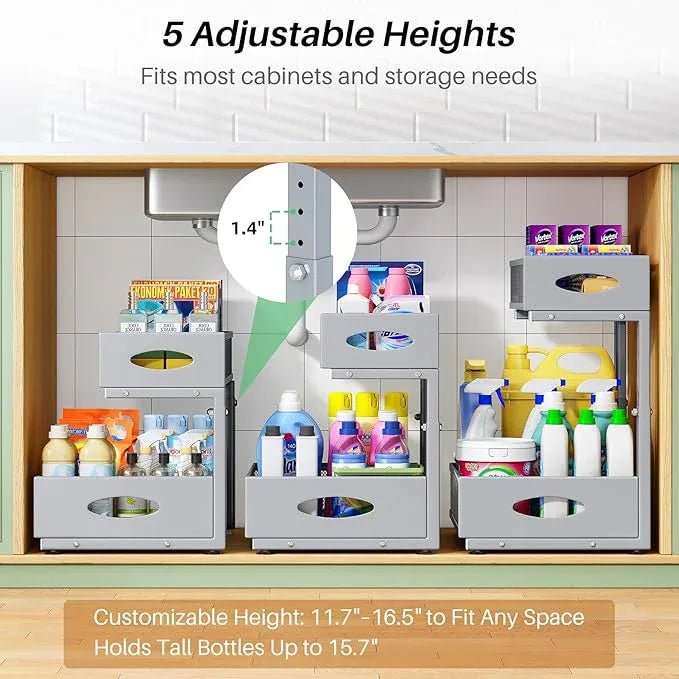 Under Sink Organizer, 1-Pack Pull Out Cabinet Organizer 2 Tier Metal Slide Out Storage Shelf Rack, L-Shaped Adjustable Height,Mesh Sliding Drawer for Kitchen, Bathroom, Laundry, Pantry, Grey, XL - NeatNest