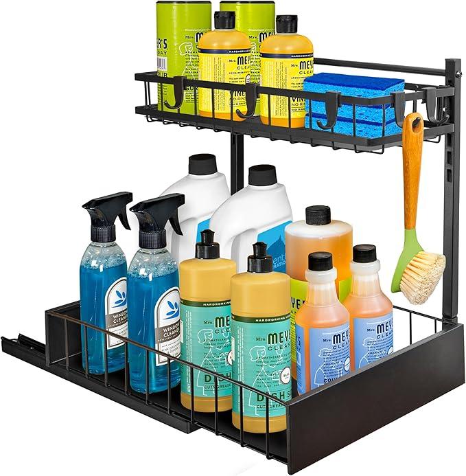 LYNK PROFESSIONAL® Pull Out Under Sink Kitchen Cabinet Organizer - 10" W x 14" D 2-Tier Drawer - Sliding Shelf Organizer for Cabinets and Undersink Storage Shelves - Lifetime Ltd. Warranty – Black - NeatNest