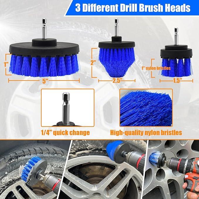 Wheel Brush Kit, Soft Drill Wheel Cleaner Brush, Tire Brush, Detailing Brush, and Detailing Pads, No Scratches Car Wheel Cleaning Kit for Wheels, Tire, Rims, Engines, Exhaust(Blue + White 9 Pk) - NeatNest