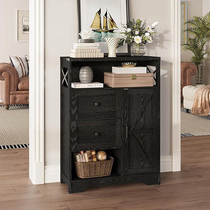 Fameill Farmhouse Storage Cabinet with 2 Drawers & Shelves,Freestanding Kitchen Cabinet with Doors,Floor Storage Organization for Living Room,Bathroom,Laundry,Black - NeatNest