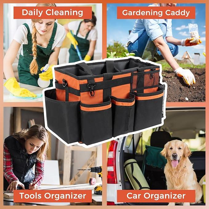 Wearable Cleaning Caddy, Cleaning Caddy Supplies Organizer with Handle & Shoulder Straps for Housekeepers, Under Sink & Car Cleaning Tool Organizers Bag with 4 Foldable Divider (RetroOrange) - NeatNest