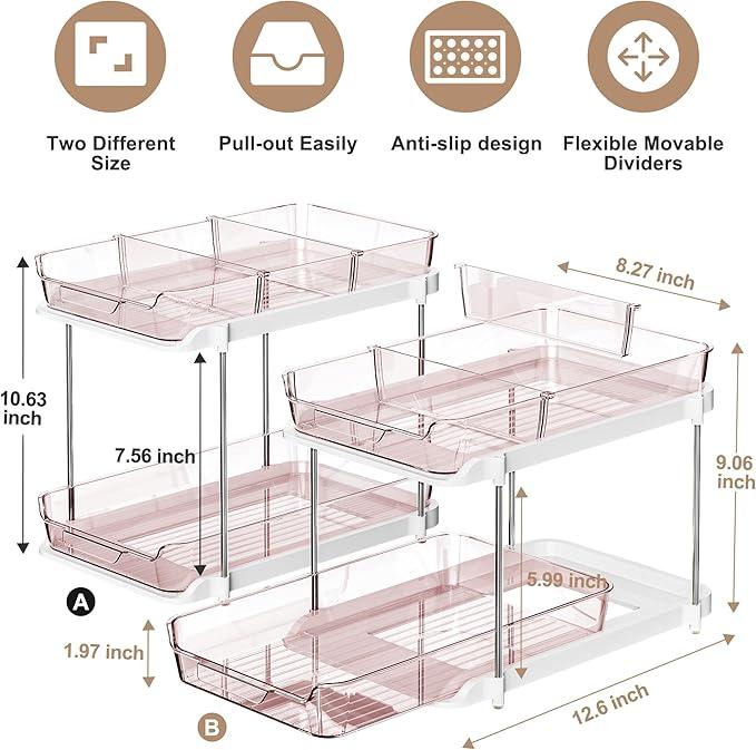 Delamu 2-Tier Multi-Purpose Bathroom Under Sink Organizers and Storage, Stackable Kitchen Pantry Organization, Pull Out Medicine Cabinet Organizer with Movable Dividers, Light Pink, 2 Pack - NeatNest