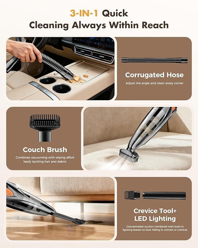 Handheld Vacuum Cordless 25000PA Powerful Suction, Portable Car Vacuum, 3 in 1 Hand Held Vacuum Rechargeable 8000mAh with LED Light, HEPA Filter, Home, Car Seats, Office, Pet Hair, Dust Buster - NeatNest
