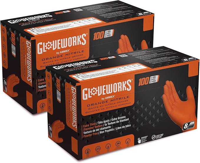GLOVEWORKS HD Orange Nitrile Disposable Gloves 8 Mil Raised Diamond Texture, 100 - NeatNest