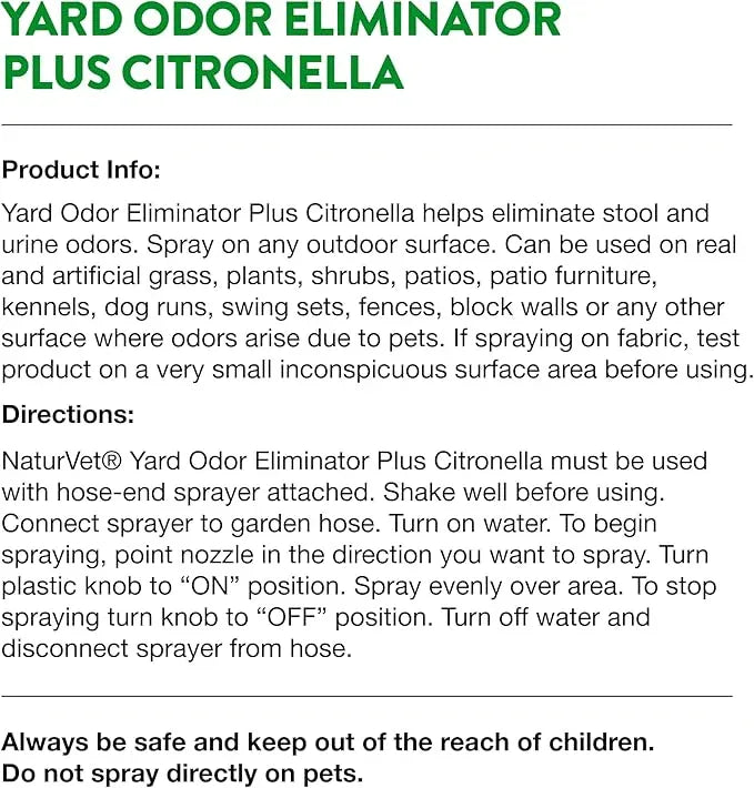 NaturVet – Yard Odor Eliminator Plus Citronella Spray – Eliminate Stool and Urine Odors from Lawn and Yard – Designed for Use on Grass, Patios, Gravel, Concrete & More – 32oz with Hose Nozzle - NeatNest
