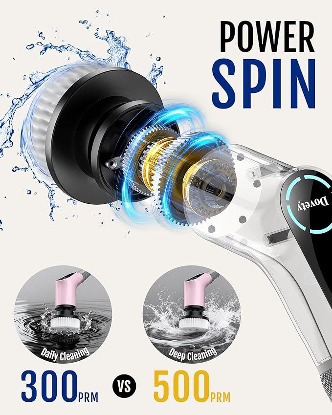 Dovety Electric Spin Scrubber, Cordless Cleaning Brush, Shower Scrubber with 8 Replaceable Brush Head, Power Cleaning Brush with Extension Handle, 2 Adjustable Speed, for Bathtub Grout Tile Floor - NeatNest