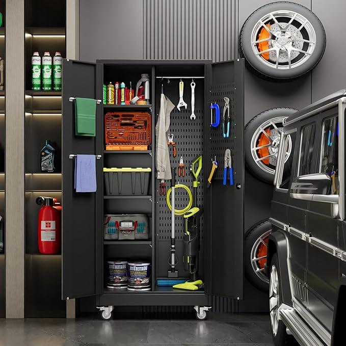 SUXXAN Broom Closet Storage Cabinet with Wheels 71.4"x 31.5"x15.7", Metal Cleaning Cabinets with Hooks and Hanging Rods, Lockable Cabinet with Pegboard, Adjustable Shelf,for Garage, Laundry Room - NeatNest