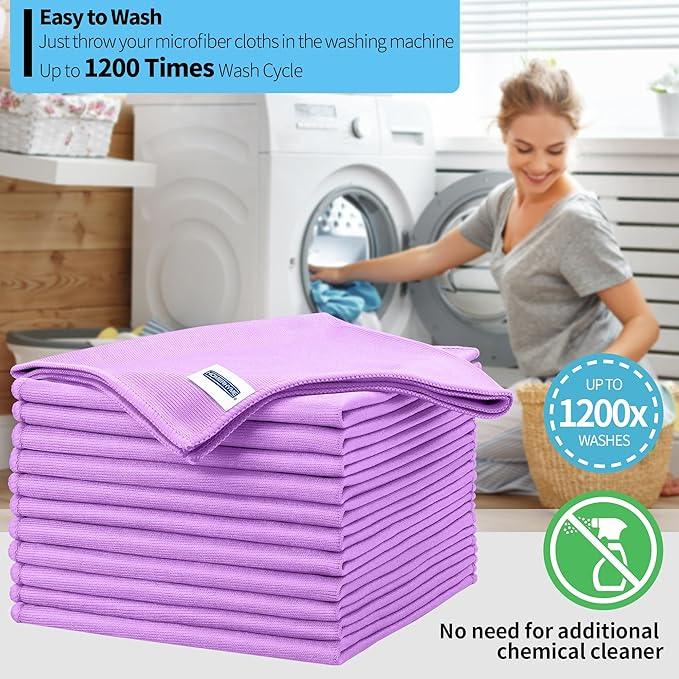 HOMERHYME Microfiber Cleaning Cloth, 12 Pack Window Glasses Cleaning Cloth, Reusable Lint-Free Streak Free Polishing Cloth Wipes for Stainless Steel, Eyeglass, Mirror, Screen & Lense,12"*12" Purple - NeatNest