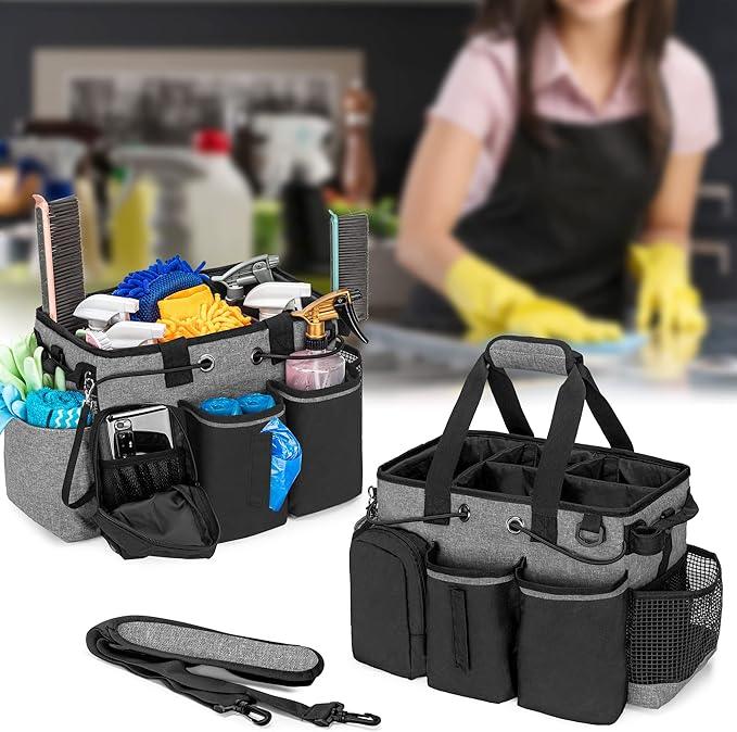 LoDrid Large Professional Cleaning Caddy with Detachable Divider, Supply Organizer with Handle and Shoulder Strap, Cleaning Bags for Housekeepers & Cleaners, Black - NeatNest
