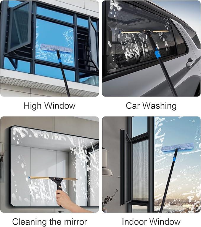 Swivel Squeegee Kit with 4 Extension Poles,Glass Scraper, Bendable Duster, 2 Window Scrubber Cloth for Glass, Car, Floor, Home,Garden - NeatNest
