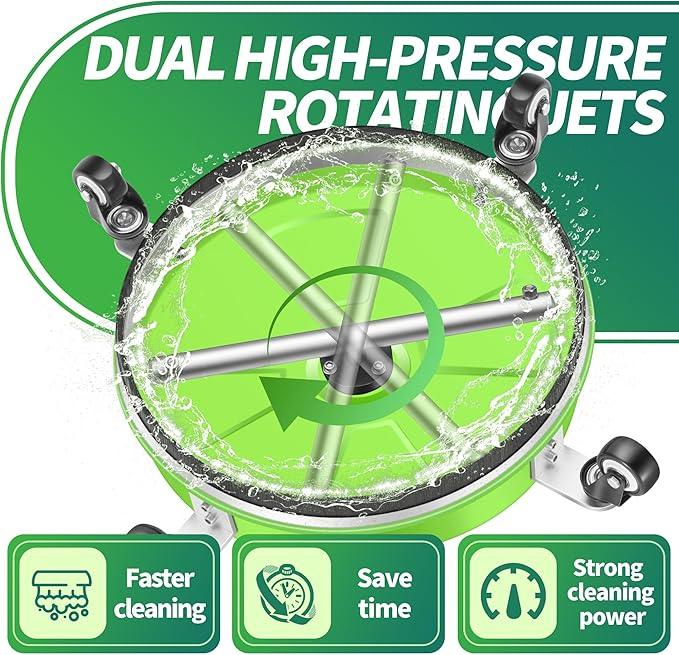 15“ Pressure Washer Surface Cleaner with 4 Wheels - Coated Green Stainless Steel Surface Cleaner for Pressure Washer Attachment for Concrete, Driveway, Patio, Sidewalk, Deck and Driveways - PWS15G - NeatNest