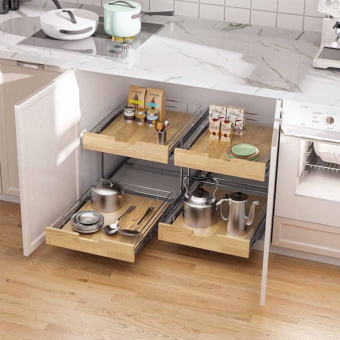 Pull Out Cabinet Organizer,Heavy-Duty Slide Out Shelf, Wood and Wire Basket, Pull Out Drawer for for Kitchen Under Sink Space, Pantry, Bathroom, 2 Tie 20 * 21 in - NeatNest