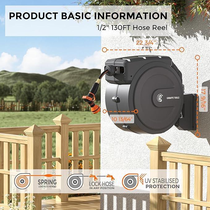 Giraffe Tools Retractable Garden Hose Reel 1/2 Inch x 130 ft, Super Heavy Duty, Any Length Lock, Slow Return System, Wall Mounted and 180 Deg Swivel Bracket - NeatNest