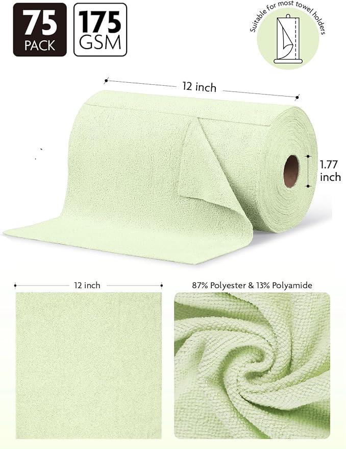 Fantasticlean Microfiber Cleaning Cloth Roll -75 Pack, Tear Away Microfiber Towels, 12" x 12", Reusable, Washable, Scratch Free, Ultra Absorbent Dish Rags for Car, Home, Garage or Shop (Green) - NeatNest