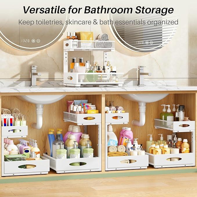 Under Sink Organizer, 1-Pack Pull Out Cabinet Organizer 2 Tier Metal Slide Out Storage Shelf Rack, L-Shaped Adjustable Height,Mesh Sliding Drawer for Kitchen, Bathroom, Laundry, Pantry, White, XL - NeatNest