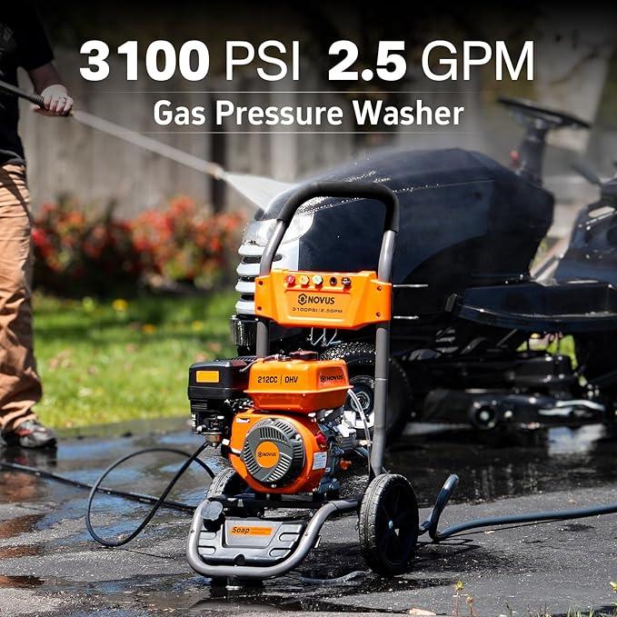 NOVUS Gas Pressure Washer, 3100 PSI 2.5 GPM Power Washer, 30FT Hose, 5 Nozzles, Onboard Soap Tank, Steel Spray Wand, Portable Gas Powered Pressure Washer for Vehicles Driveways Patios Fences Furniture - NeatNest