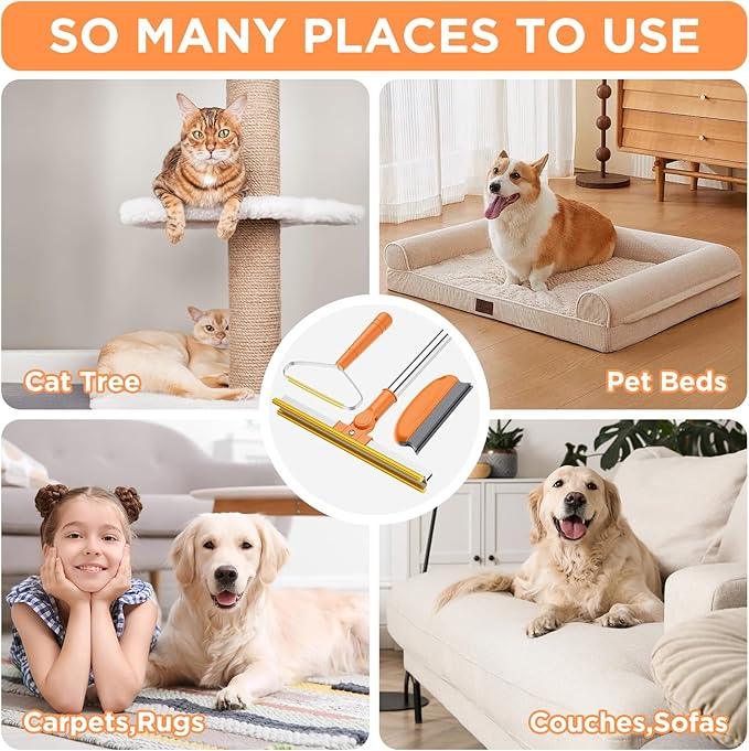 3 in 1 Carpet Rake for Pet Hair Removal, Tool Set of 3, 55” Long Handle Carpet Pet Hair Removal Carpet Scraper Dog Cat Hair Remover for Sofa, Couch, Car, Rug (Orange) - NeatNest