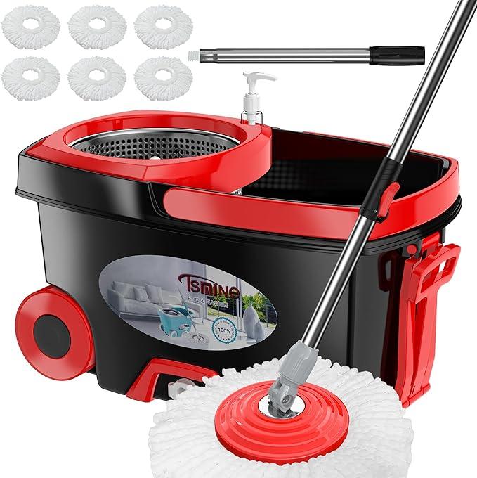 FunClean 360° Spin Mop and Bucket Set with Wringer, 6 Extra Microfiber Heads, 61" Extended Handle for Effortless Floor Cleaning, 2X Wheel Design - Black - NeatNest