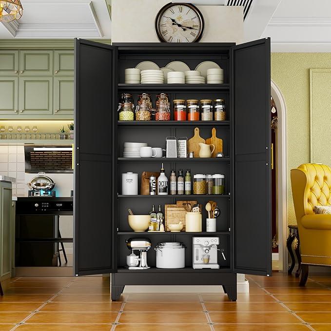 Black Metal Storage Cabinet,75" Steel Cabinets for Home Office, Kitchen Pantry Storage Cabinet with Doors and 5 Adjustable Shelves, Tool Cabinets, for Office, Home, Garage, School, 36W - NeatNest