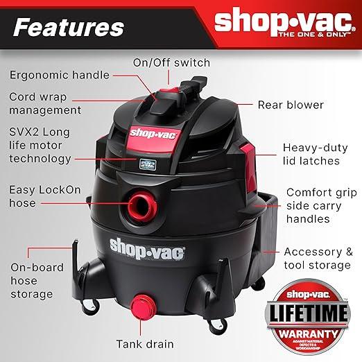 Shop-Vac 5801611 Wet Dry Vac with SVX2 Motor Technology, 16 Gallon, 2-1/2 Inch x 8 Foot Lock-On Hose, 150 CFM, (1-Pack) , Black - NeatNest