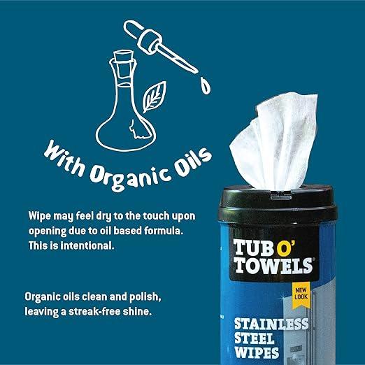 Tub O' Towels Heavy Duty Stainless Steel Cleaner Wipes, 40 Count, with 12” x 12: Micro Fiber Cloth - NeatNest