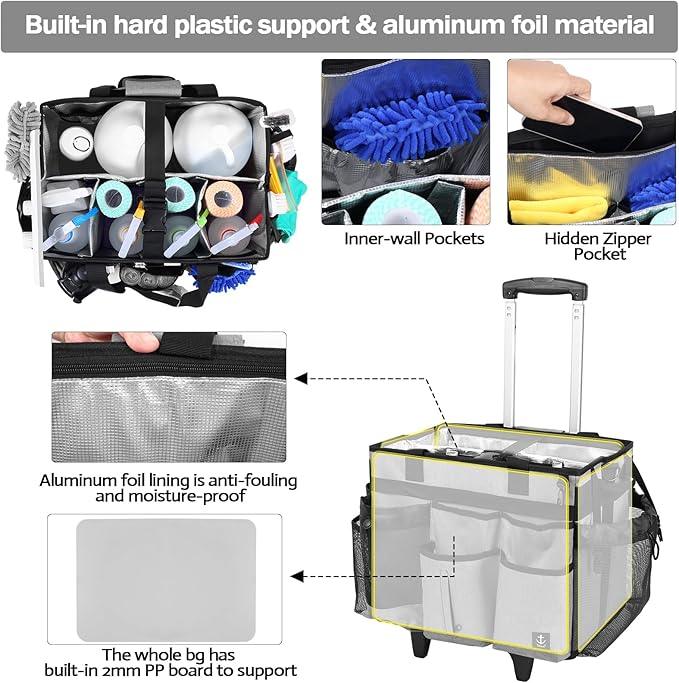 Extra large Rolling Cleaning caddy bag with Detachable, Foldable Trolley Portable Cleaning Cart for Housekeeping Cleaning caddy with Adjustable Shoulder Strap and Multiple Storage Pockets - NeatNest