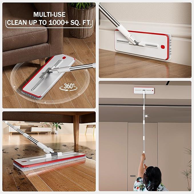 Mop and Bucket Set, Flat Mop and Bucket System with Separate Dirty and Clean Water, 3-Compartment Wall Cleaner Mop, Flat Mops for Floor Cleaning with 4 Microfiber Pads - NeatNest