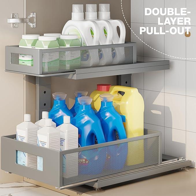 2 Pack 15.74IN-Depth Under Sink Organizer With Next-Gen Ball-Bearing Slides,2-Tier Pull Out Cabinet Storage,Height Adjustable Drawer Shelf for Bathroom,Kitchen,Laundry,Cabinet,Pantry-Gun Gray - NeatNest