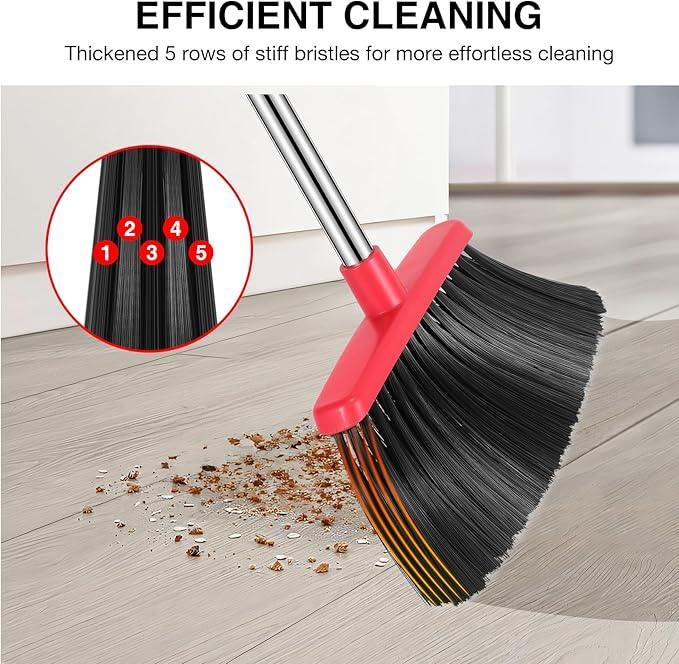 NACENA Broom and Dustpan Set, 52-in Long Adjustable Handle Broom Dustpan Combo with Dustpan Teeth to Automatically Clean Hair Suitable for Home Kitchen Office Hall Floor (Black&Red), 4 Pack - NeatNest