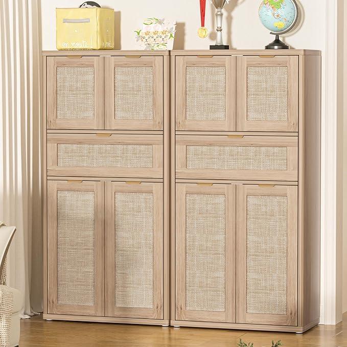 LEYAOYAO 48" Tall Storage Cabinet Set of 2,Rattan Bathroom Floor Cabinets with 4 Doors & 1Drawer,Boho Kitchen Pantry with Adjustable Shelves,Wooden Cupboard for Living Room,Home Office,Natural Wood - NeatNest