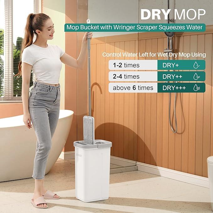 JOYMOOP White Flat Mop & Bucket with 1 Microfiber Pad, 12 Disposable Toilet Brushes, Stainless Steel Toilet Brush and Holder Set, Multi-Functional Cleaner for Floors, Windows, and Toilets - NeatNest