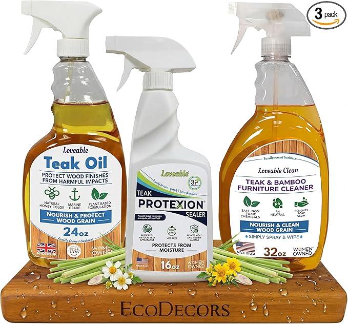 EcoDecors Protective Bundle – Loveable Teak Conditioning Oil, Teak Furniture Cleaner, and Protexion Teak Sealer Spray Bottle - NeatNest