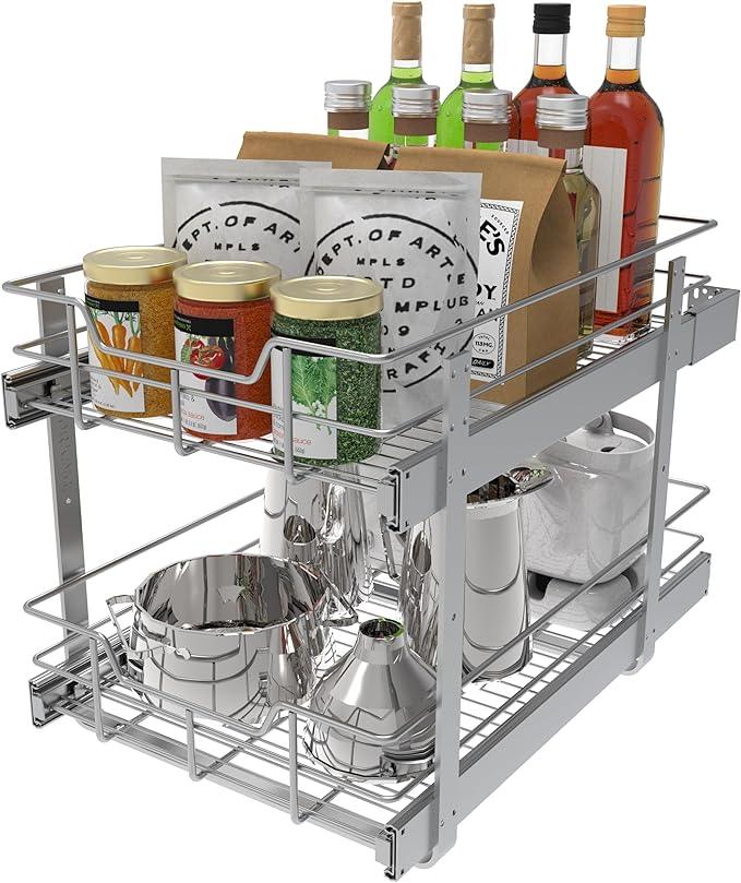 2 Tier Pull Out Cabinet Organizer 15" W X 22" D, Slide Out Drawers For Kitchen Cabinets, Pull Out Drawers For Cabinets Capacity Heavy Duty Caddy, Cabinet Pullout Shelves Chrome-Plated,Bathroom Pantry - NeatNest